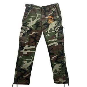 Y2K Camo Cargo Pants 34 All-Son Heiroglypics Hip Hop Utility Military Drawstring